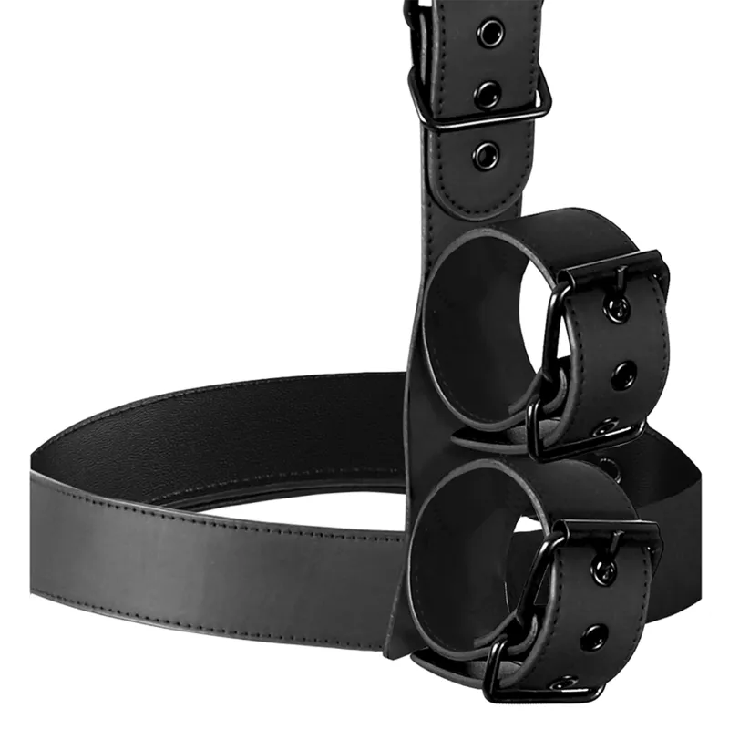 Harnais BDSM noir en cuir végétalien, ajustable, boucles renforcées, sans nickel, design élégant et ergonomique.