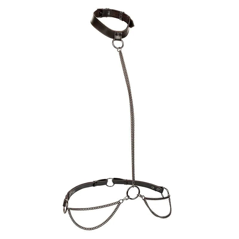Harnais BDSM cuir végétalien noir, boucles réglables, chaînes métal robustes, design contemporain et élégant.
