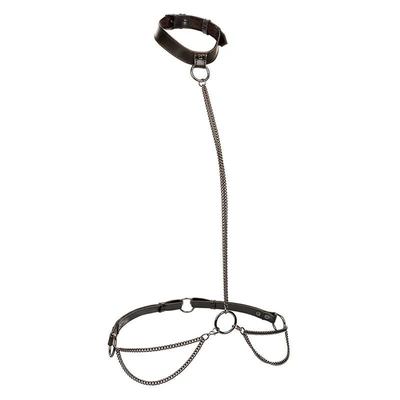 Harnais BDSM cuir végane noir, chaînes métal robustes, boucles réglables, collier transformable, doublure velours.
