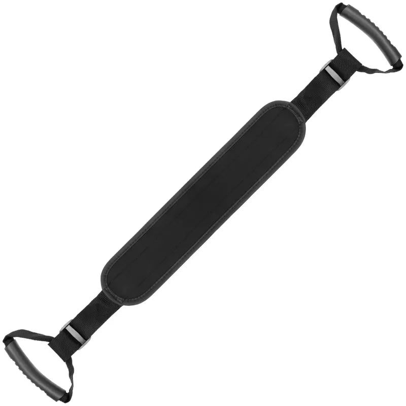 Harnais BDSM néoprène noir, sangles ajustables, poignées robustes, confort optimal, cuir vegan, métal sans nickel.