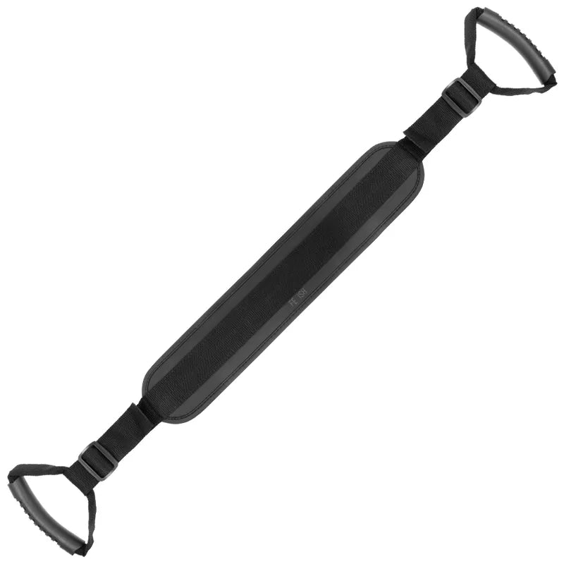 Harnais BDSM noir en néoprène avec sangles ajustables et poignées robustes, conçu pour confort et contrôle optimal.