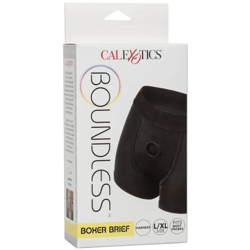 Boxer harnais noir extensible avec ceinture large, poche interne et joint torique, emballage blanc CalExotics.
