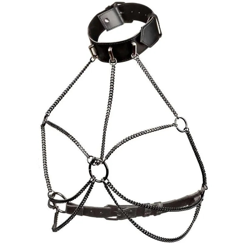 Harnais collier multi-chaînes noir en cuir végétalien, boucles réglables, finition satinée, grande taille.