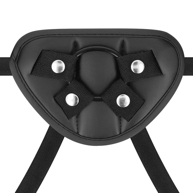 Harnais noir ergonomique en vinyle doux avec trois anneaux pour godes, conception ajustable et confortable.