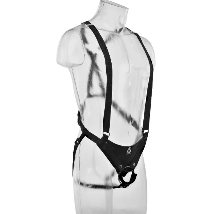 Gode réaliste creux 25cm, texture veineuse, harnais nylon réglable noir, fabriqué aux USA, sans phtalates.