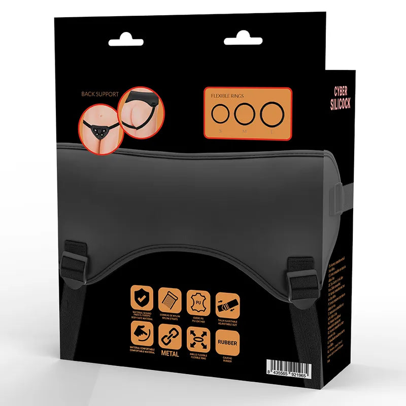 Harnais vinyle noir ajustable avec anneaux silicone, confort débutant, compatible godes Cybersilicock, emballage inclus.