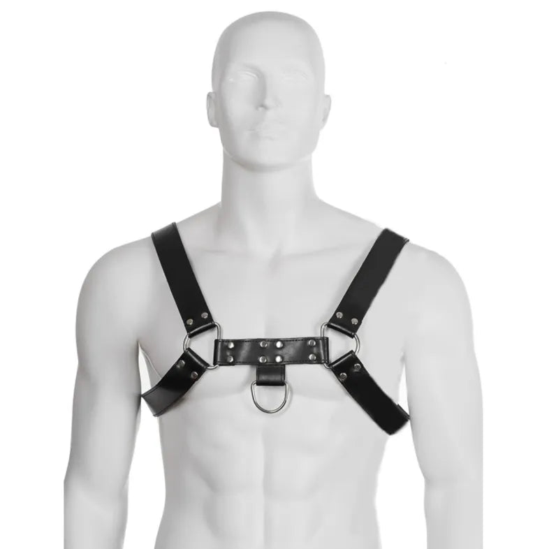 Harnais bondage cuir noir ajustable avec anneaux métal, porté sur mannequin, design luxe et fonctionnel, tailles S à XL.