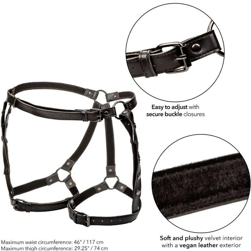 Harnais cuisse noir cuir végétalien, intérieur velours, sangles ajustables, boucles métalliques, luxe et confort.