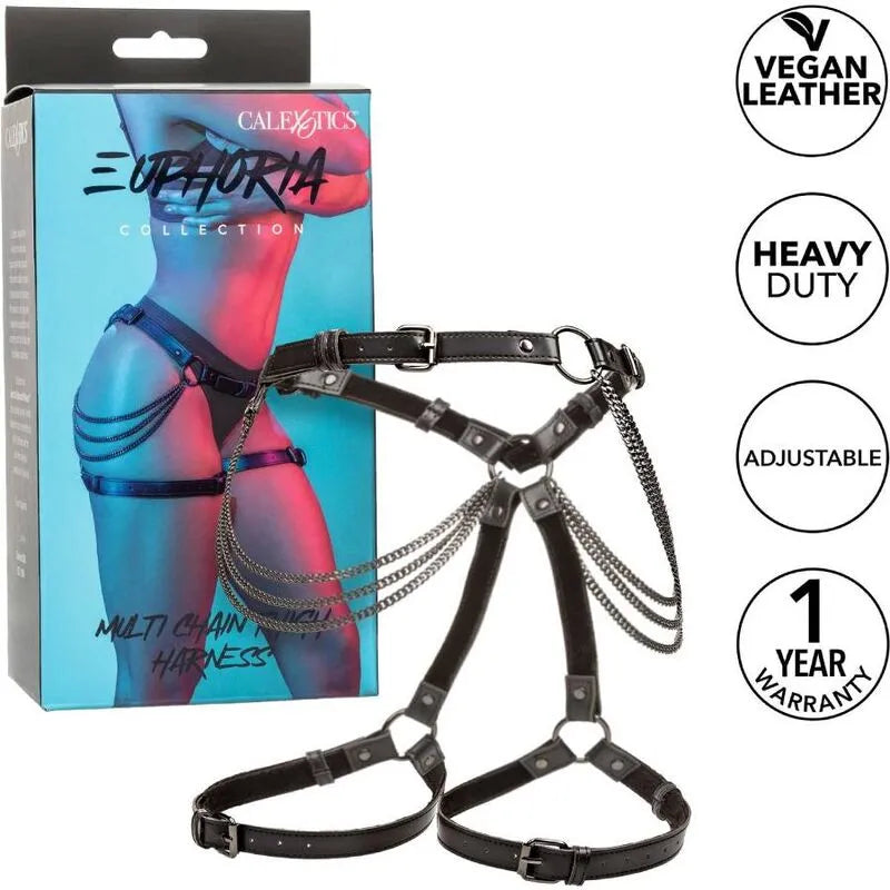 Harnais cuisse multi chaînes noir en cuir végétalien, sangles ajustables, boucles métalliques, style audacieux et conforta...