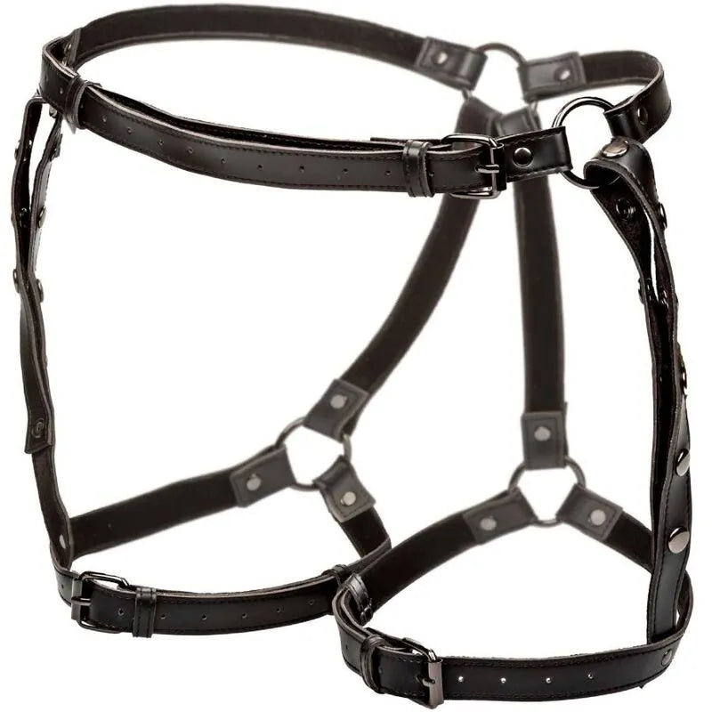 Harnais cuisse cuir végétalien noir, intérieur velours, sangles ajustables, accents métalliques, luxe et confort.