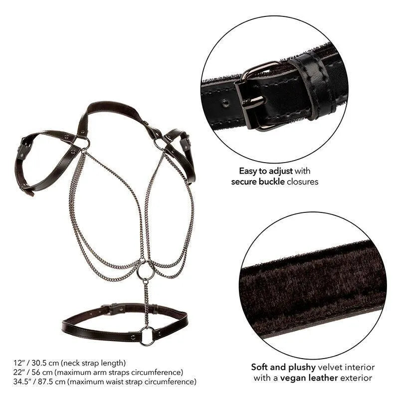 Harnais licou multi chaînes en cuir végétalien noir, doublure velours, boucles sécurisées, ajustable, taille inclusive.