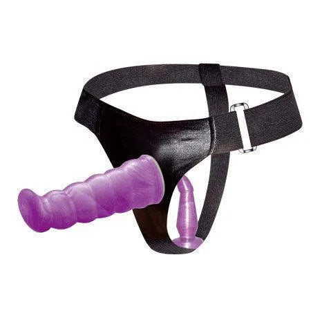 Harnais double gode violet en TPR, sangle noire ajustable, ergonomique, stimulation point G, bretelles amovibles.