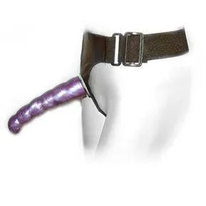 Harnais double gode violet en TPR avec sangle ajustable noire, design ergonomique pour double pénétration féminine.