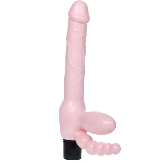 Harnais sans sangle rose avec vibromasseur intégré, design ergonomique, flexible, stimulation clitoridienne et anale.