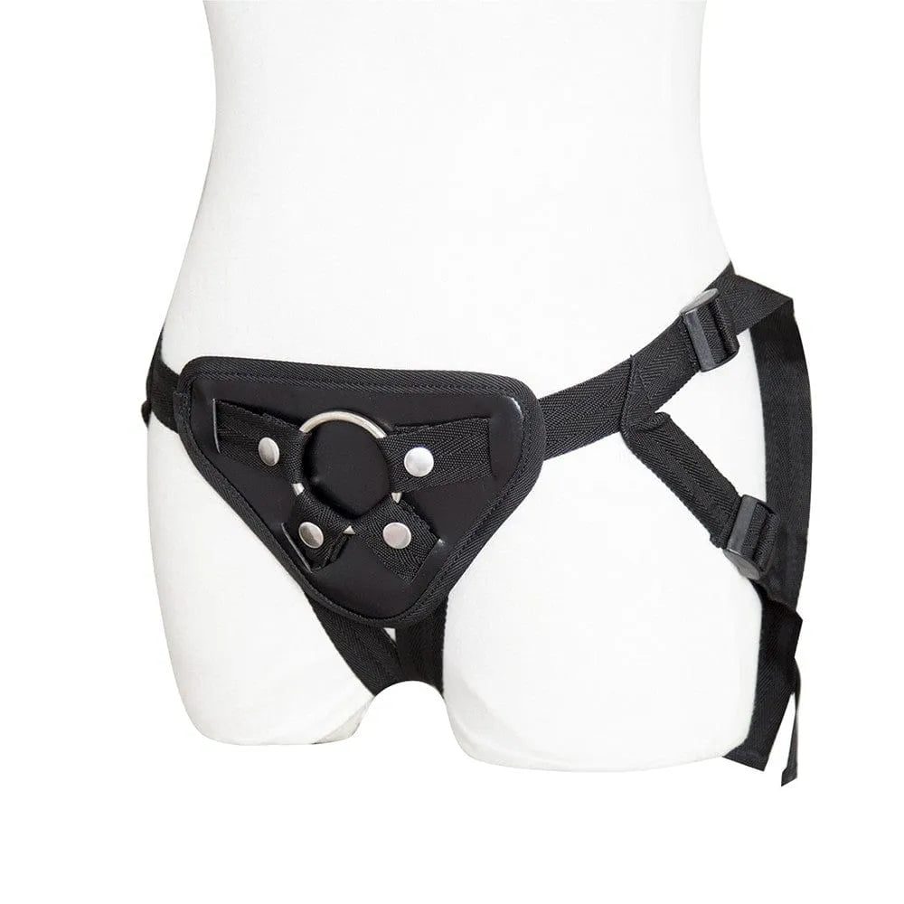 Harnais gode ceinture noir réglable en cuir et PVC avec anneaux interchangeables, design ergonomique et sécurisé.