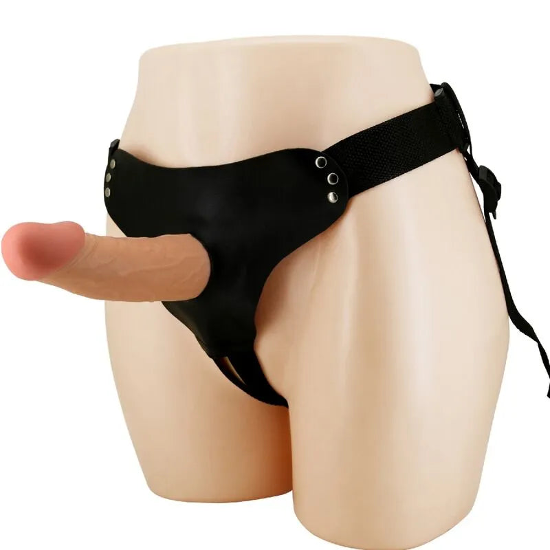 Harnais noir avec gode creux beige veinée, bretelles réglables, stimulation gland doux, TPR imperméable.