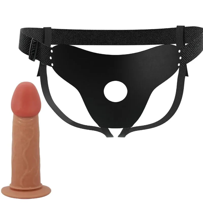 Harnais noir avec gode creux beige veinée, bretelles réglables, stimulation gland doux, TPR imperméable.