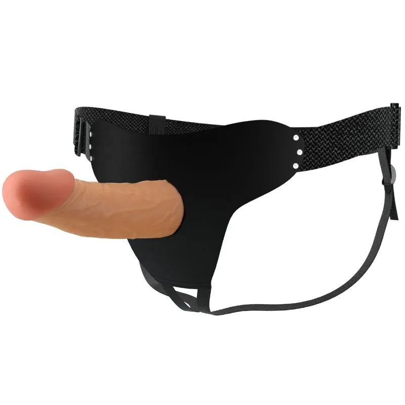 Harnais noir avec gode creux beige veinée, gland doux, bretelles ajustables, en TPR imperméable pour stimulation intense.