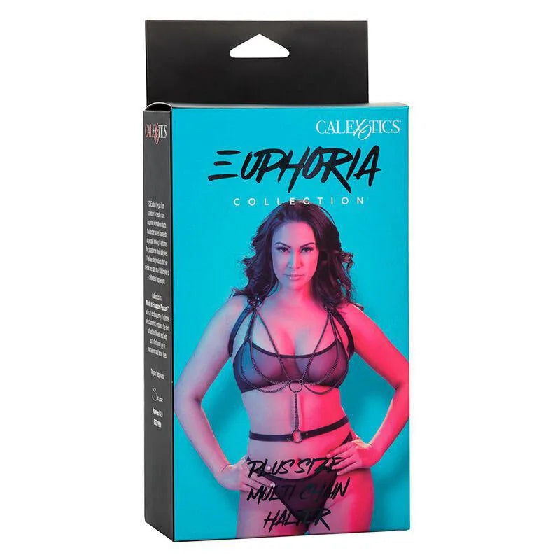 Harnais licol luxe grande taille, cuir végétalien, chaînes métal, boucles sécurisées, doublure velours, collection Euphoria.