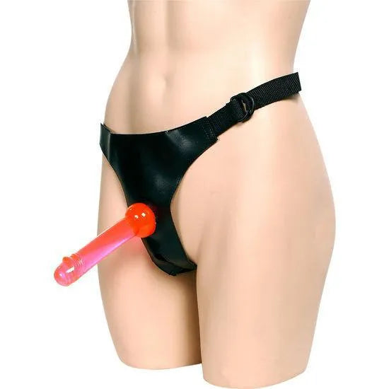 Harnais noir réglable avec double gode rose en PVC, ergonomique et hypoallergénique, pour pénétrations vaginales et anales.