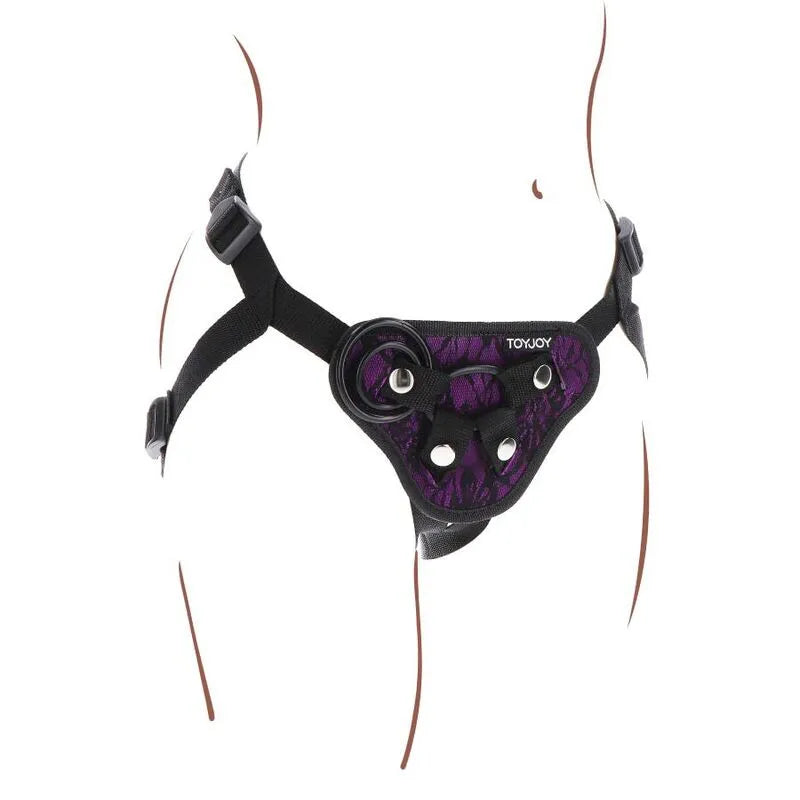 Harnais réglable noir et violet, rembourré, avec bretelles ajustables et anneaux en silicone, pour jeux de rôle intimes.