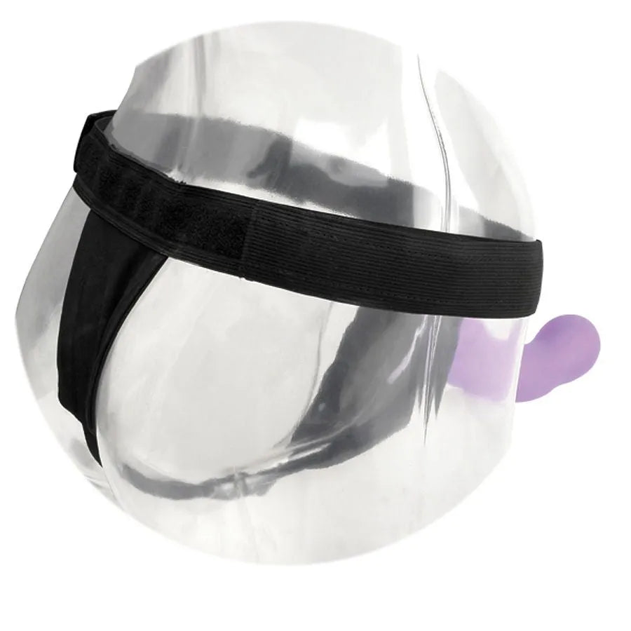 Harnais noir en lycra élastique, ceinture réglable, joint torique silicone, compatible godes vibrants, sur mannequin trans...