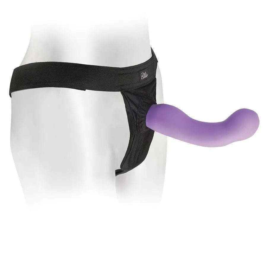 Harnais noir en lycra avec ceinture élastique, joint torique en silicone, compatible godes vibrants, design ergonomique.