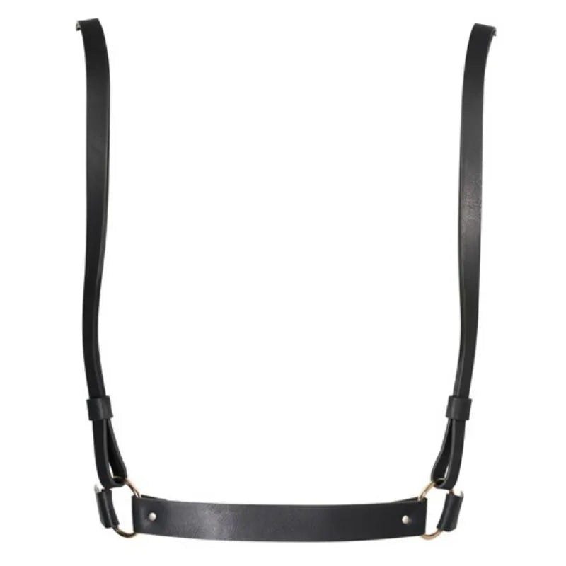Harnais érotique vegan noir ajustable, sangles en polyuréthane recyclé, design BDSM élégant et polyvalent.