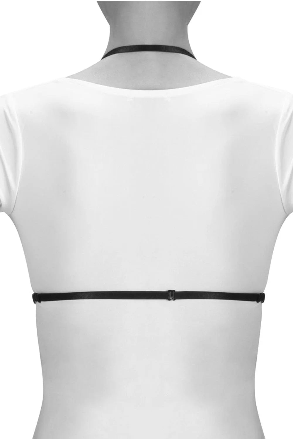 Harnais corps femme noir, polyester extensible, réglable, ornementé d'élastiques, chic et audacieux, vue de dos.
