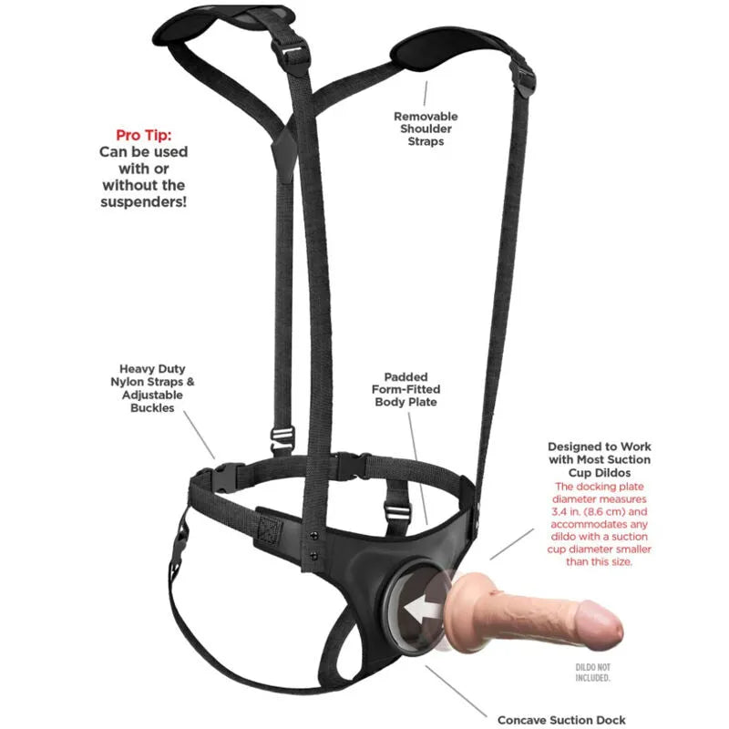 Harnais strap-on noir sans anneaux, bretelles amovibles, plaque rembourrée, ventouse intégrée pour gode, ajustable.