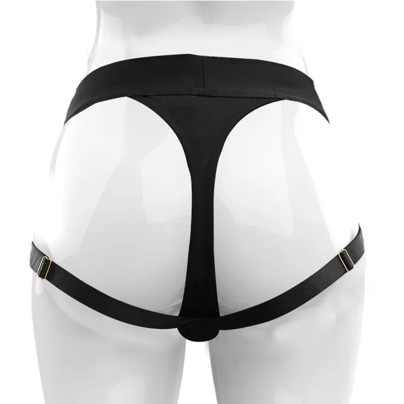 Harnais strapon noir élastique vegan, réglable, ergonomique, compatible godes, sur mannequin blanc, vue arrière.