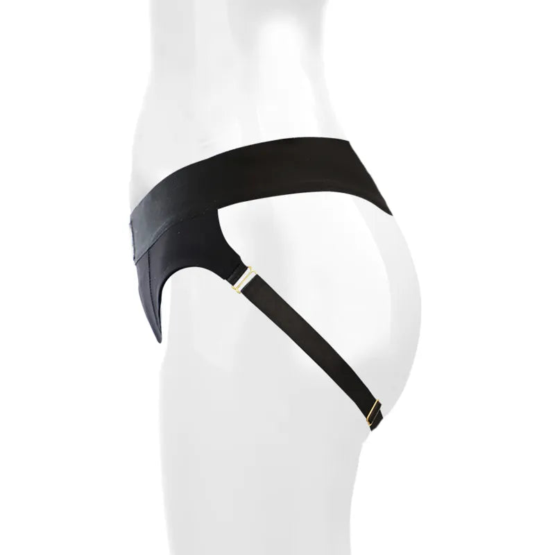 Harnais strapon élastique noir, ajustable, vegan, écologique, compatible godes 5cm, confort optimal, design ergonomique.