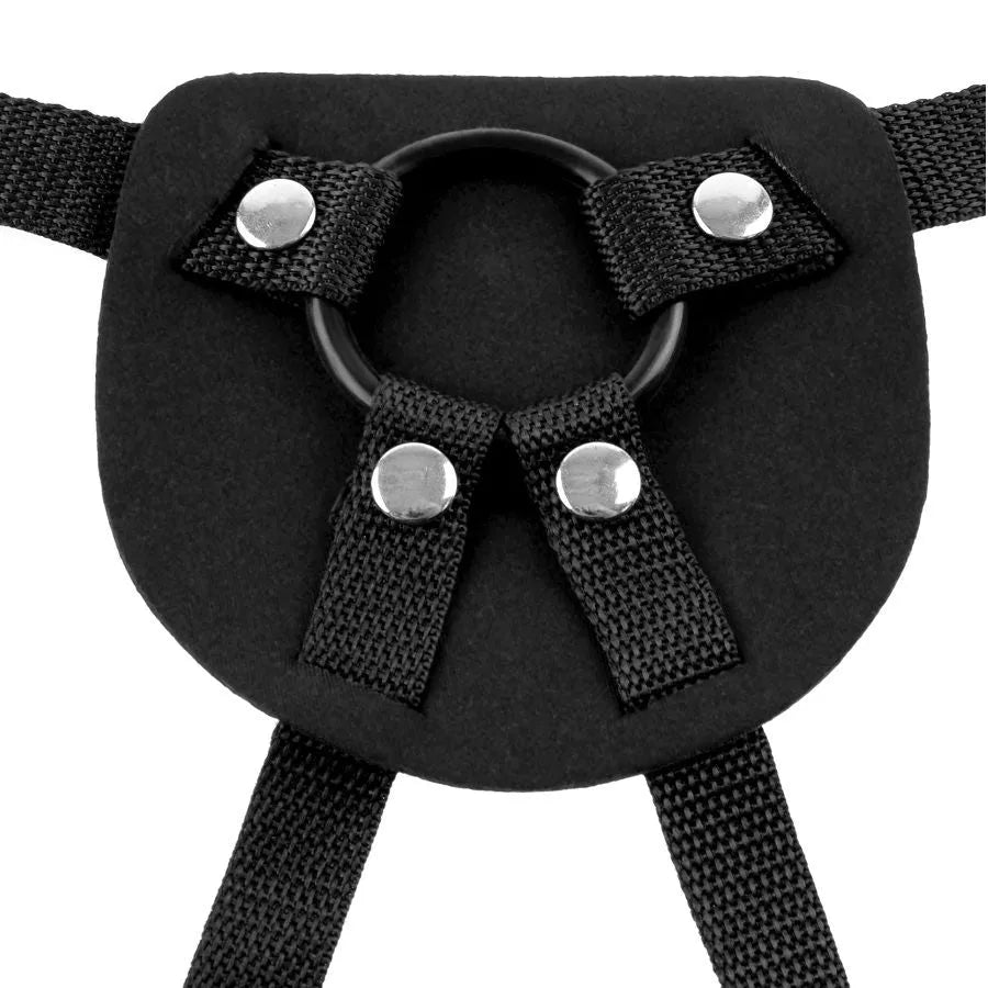 Harnais néoprène noir avec joint torique silicone, sangles réglables et rivets métalliques pour jeux intenses.