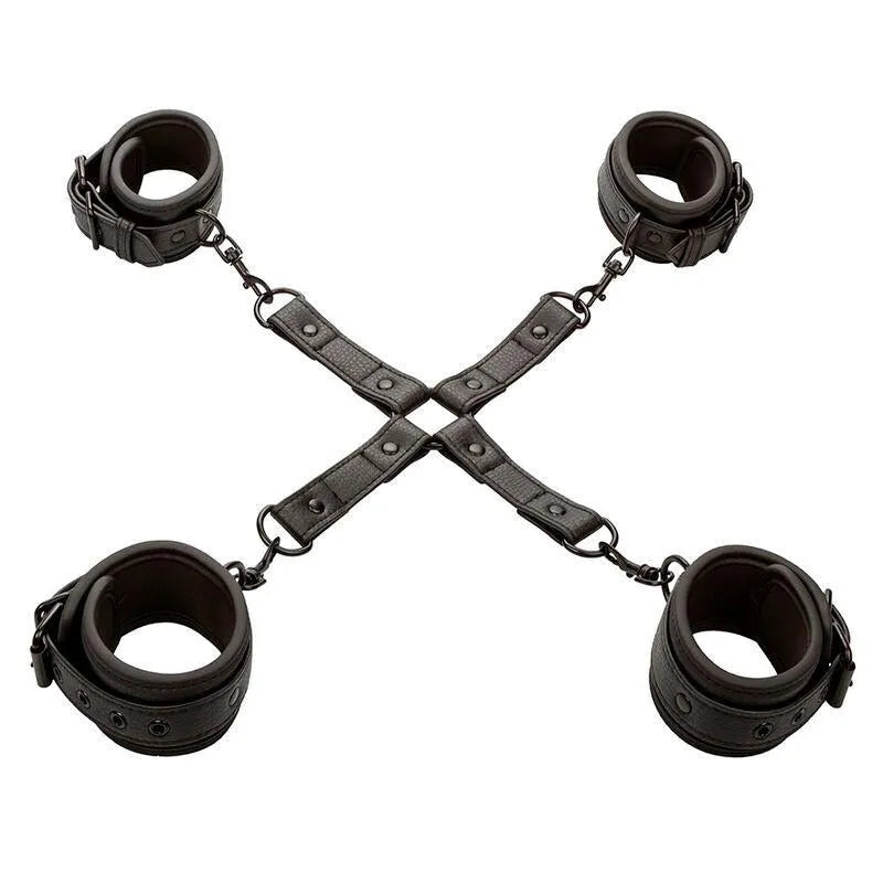 Harnais bondage noir réglable avec menottes pour poignets et chevilles, connecteur en croix robuste, idéal débutants BDSM.