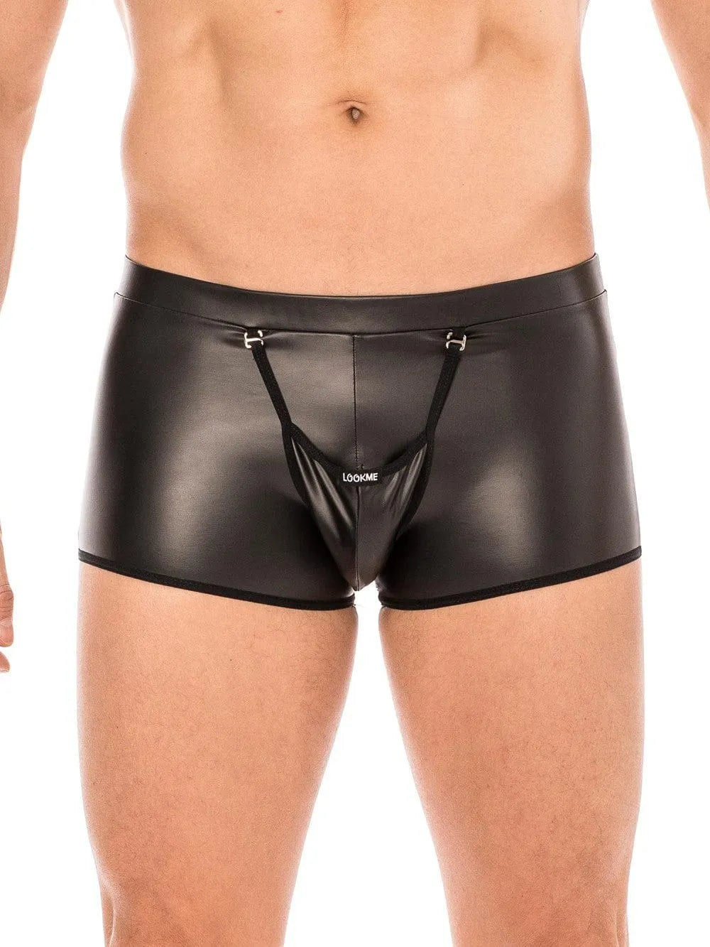 Boxer homme noir LOOKME, polyester élasthanne, poche détachable avant, transparence arrière, style sexy et audacieux.