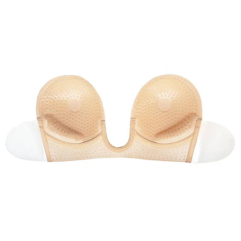 Soutien-gorge beige style U sans bretelles, adhésif, idéal pour décolletés plongeants et dos nu, réutilisable 25 fois.