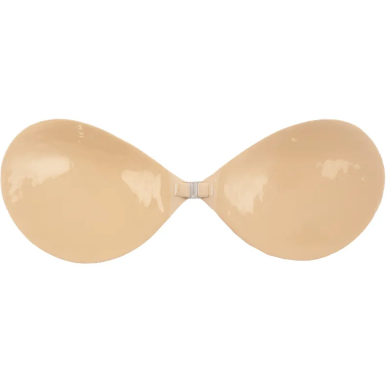 Soutien-gorge invisible beige sans bretelles, forme adhésive, idéal pour tenues dos nu, réutilisable jusqu'à 50 fois.