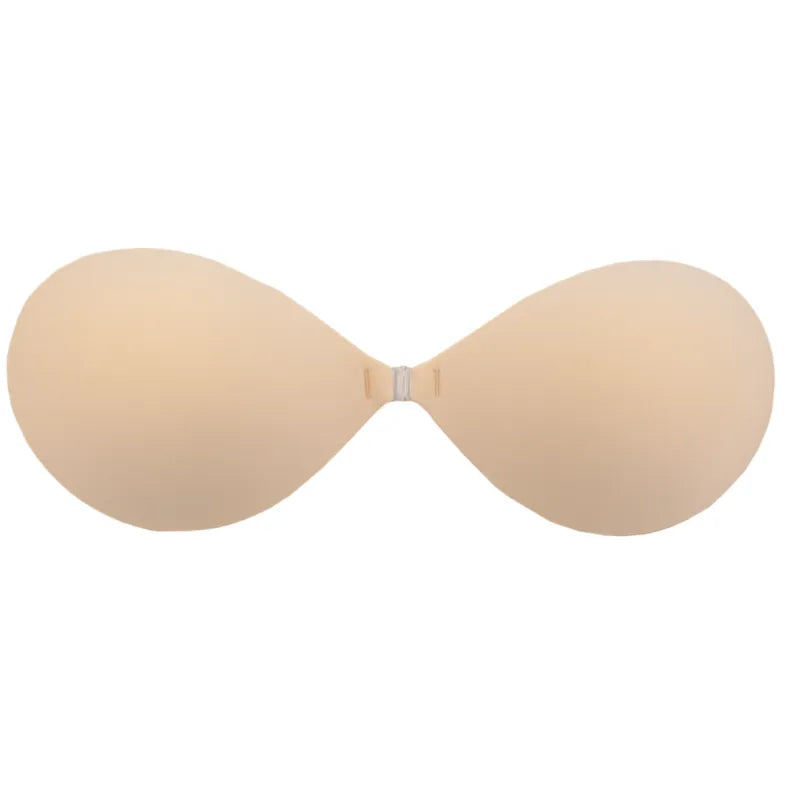 Soutien-gorge invisible beige sans bretelles, forme adhésive, idéal pour tenues dos nu, réutilisable jusqu'à 50 fois.
