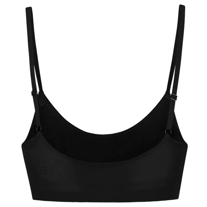 Soutien-gorge noir sans couture, contrôle moyen, bretelles réglables, confort optimal, idéal pour un usage quotidien.