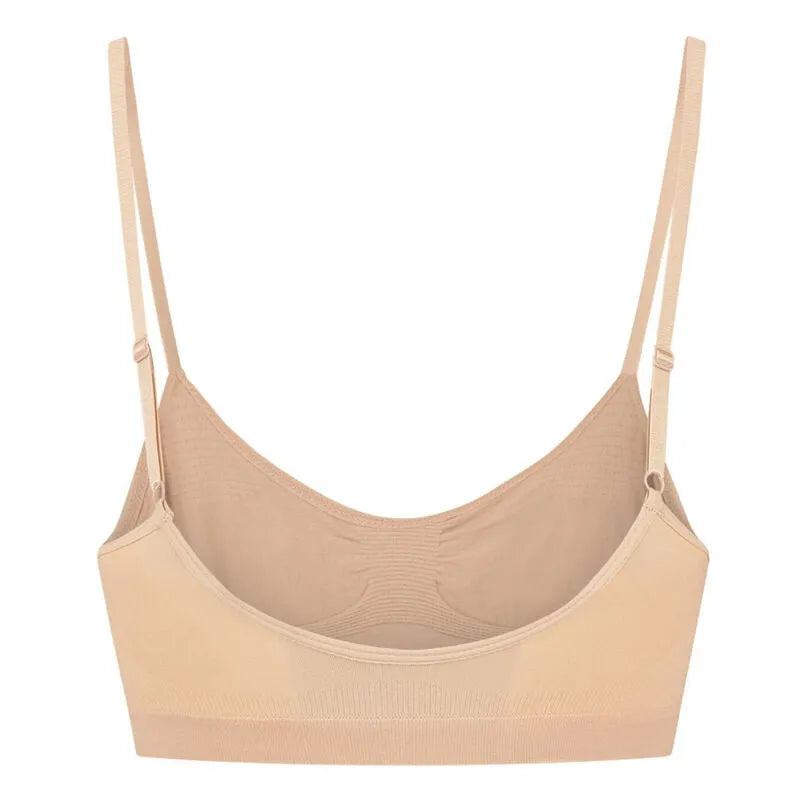 Soutien-gorge beige sans couture, contrôle moyen, bretelles ajustables, confort optimal, 90% polyamide, 10% élasthanne.