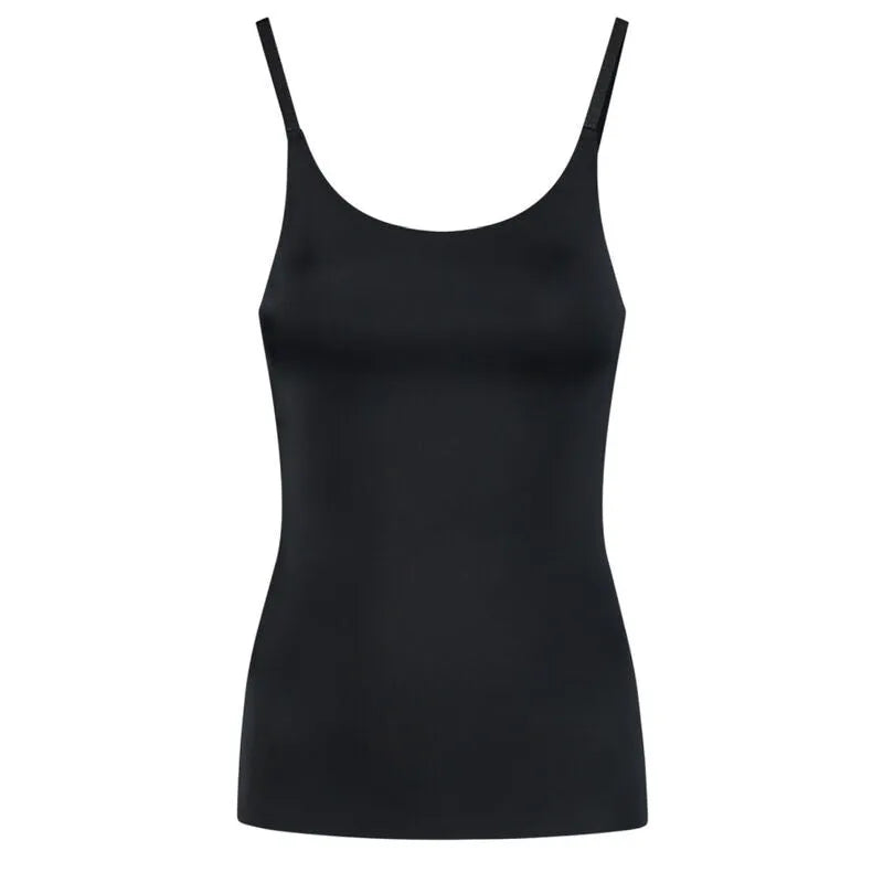 Débardeur noir femme microfibre, bretelles réglables, sans couture, ajusté, élégant, respirant, effet seconde peau.