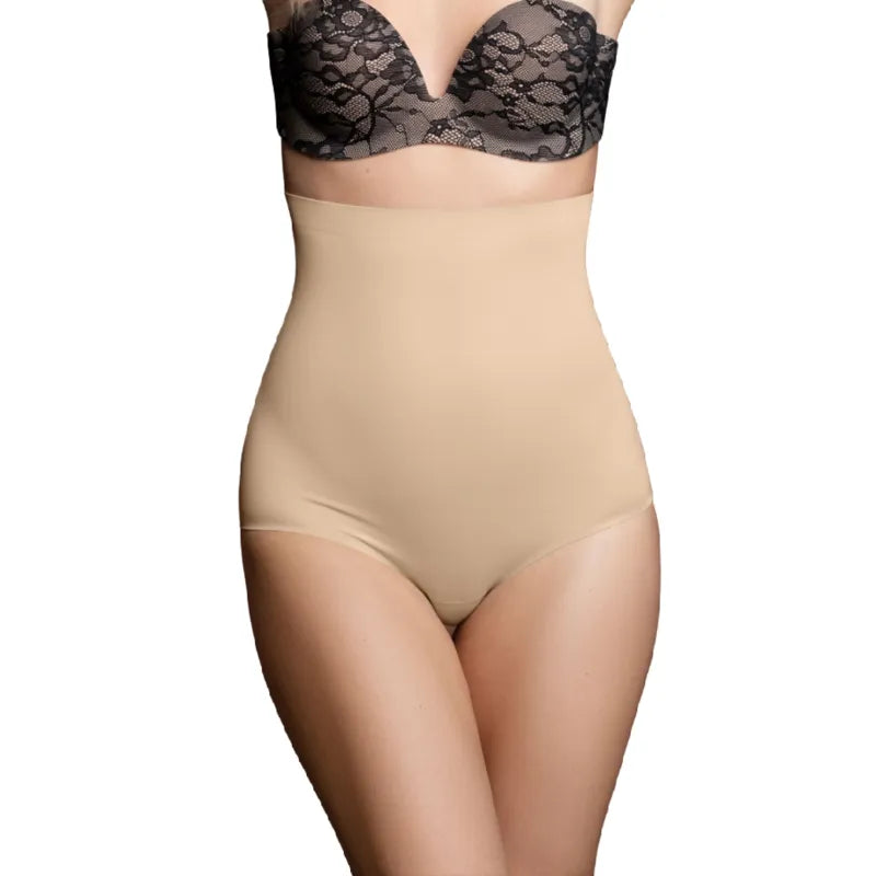 Culotte taille haute beige sans couture, ultra douce, invisible sous vêtements moulants, gousset coton hygiénique.