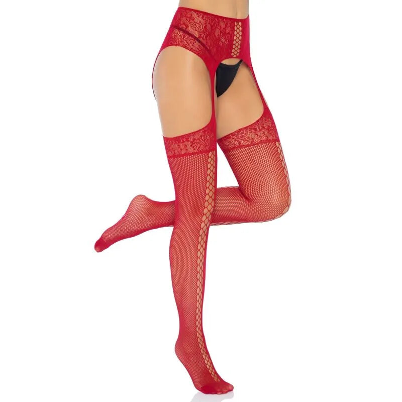 Bas jarretelles bordeaux dentelle taille haute, faux lacets, couture arrière, filet séduisant, Leg Avenue.