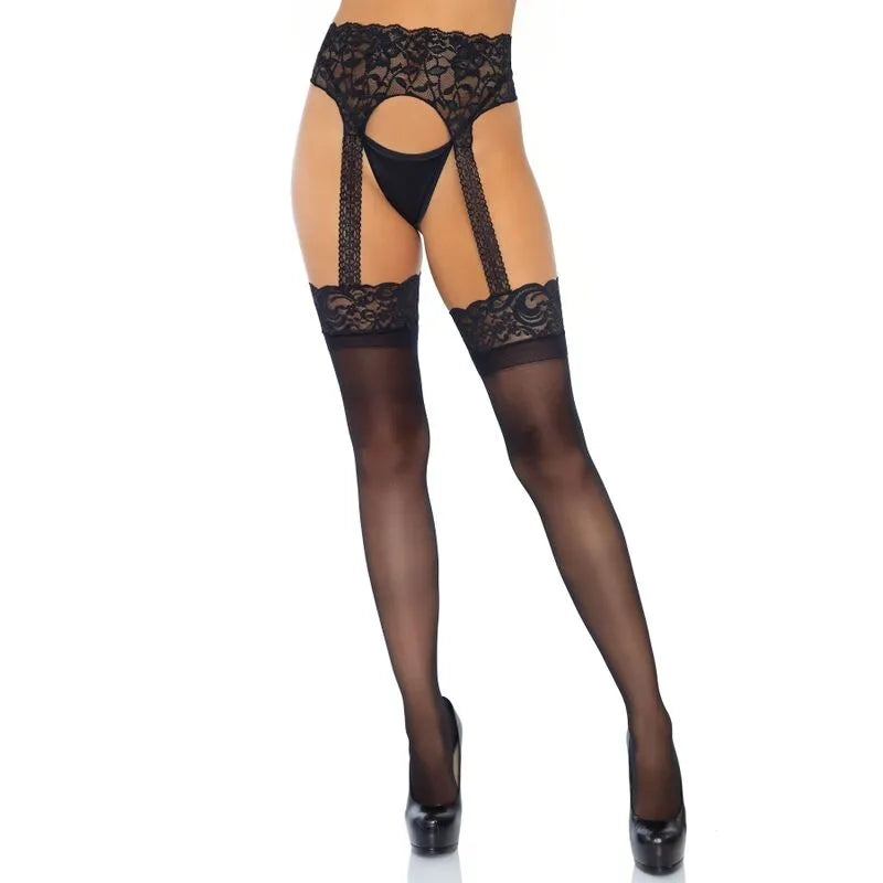 Bas opaques noirs avec dentelle, porte-jarretelles taille haute, silhouette féminine, style chic et raffiné.