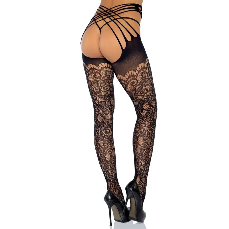 Collants noirs sans entrejambe à bretelles, dentelle vigne, élégance féminine, maintien confortable, Leg Avenue.