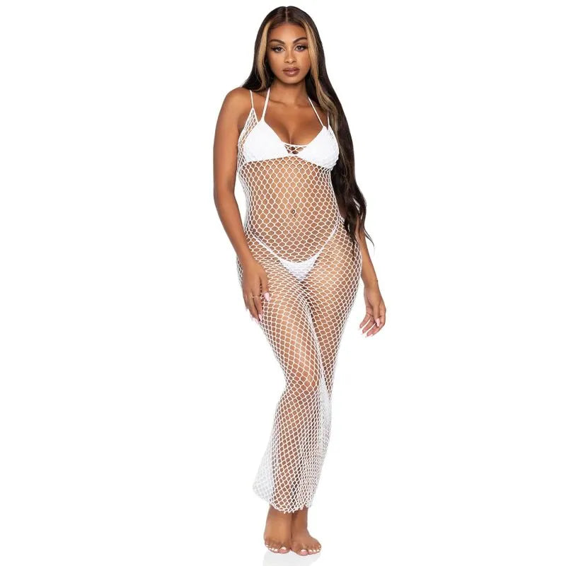 Robe longue dos nu filet torsadé sexy féminine blanche Leg Avenue