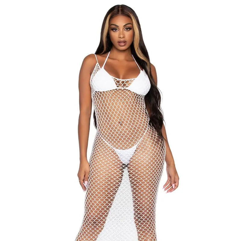 Robe longue dos nu filet torsadé sexy féminine blanche Leg Avenue