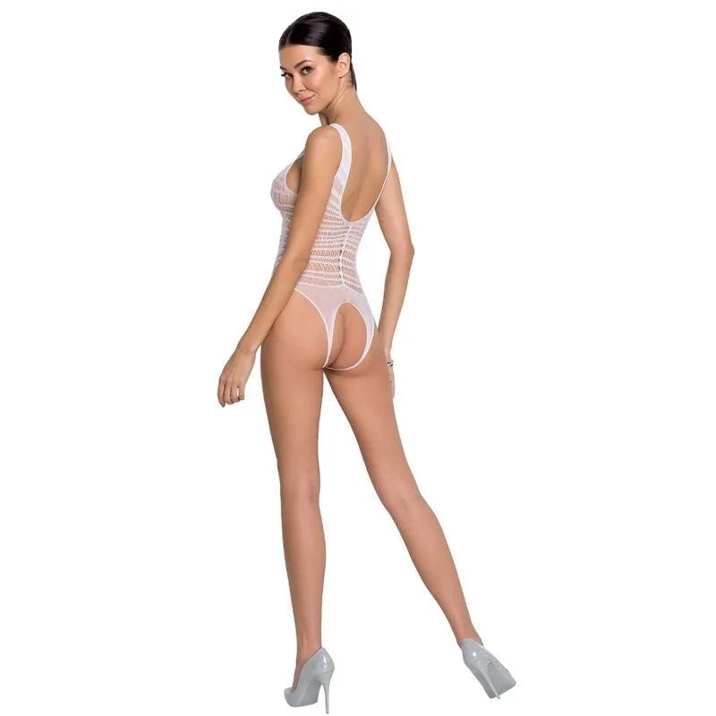 Body résille blanc avec dentelle, ouverture entrejambe, design sexy et élégant, mettant en valeur la silhouette féminine.