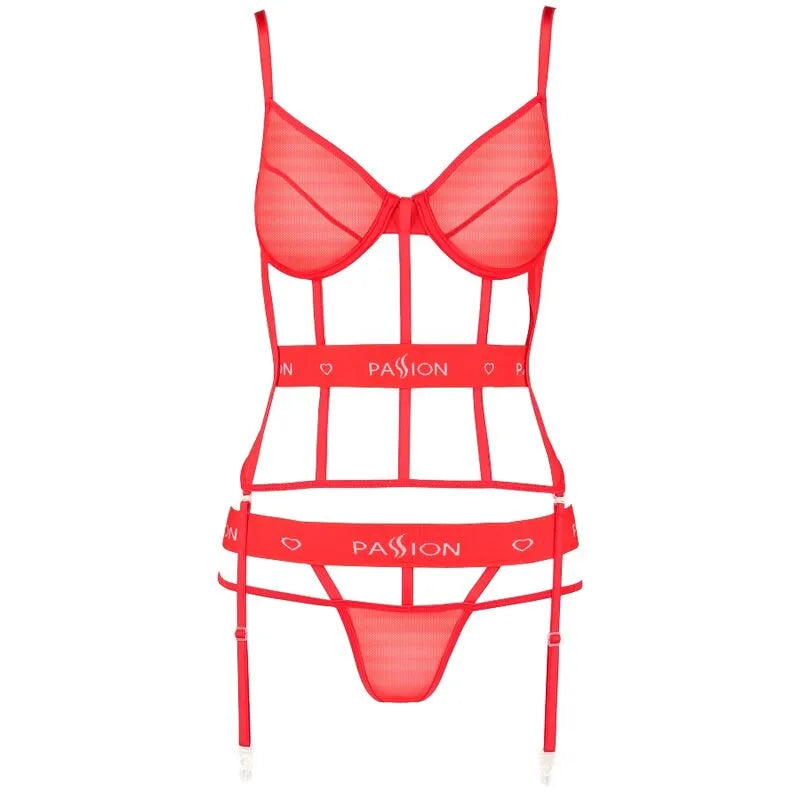 Corset rouge transparent Passion Kyōka avec bretelles réglables et string assorti, élégant et séduisant, tailles S à L.