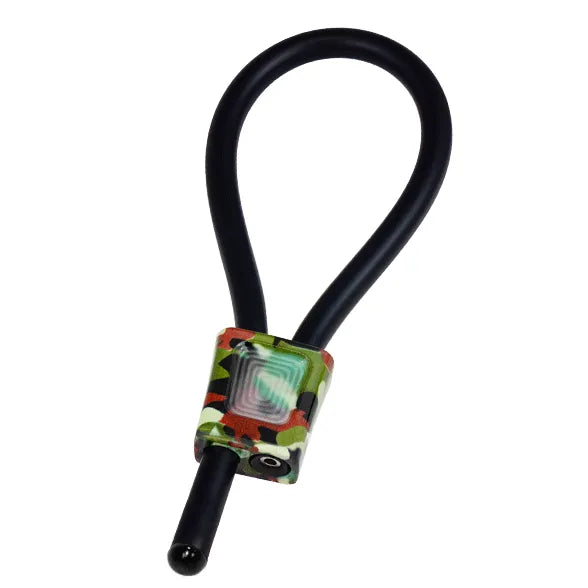 Anneau pénis électrostimulation camouflage, caoutchouc conducteur, aluminium anodisé, réglable, motif hydroimmersion.